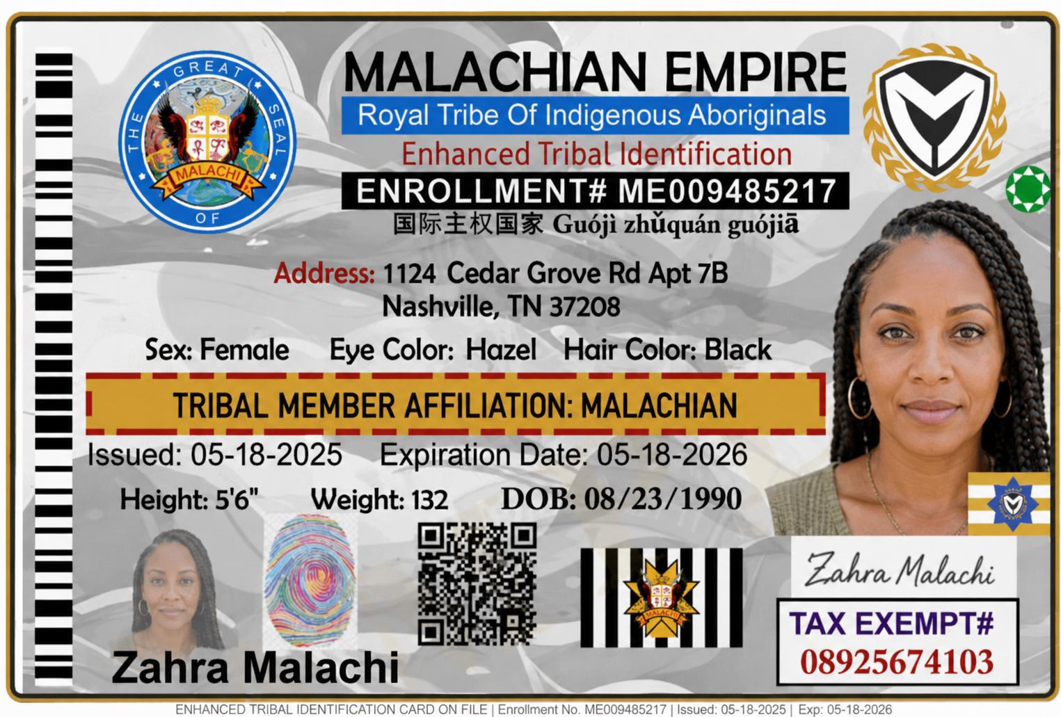 Sample: Malachian Empire Enhanced Tribal Identification Card — Zahra Malachi